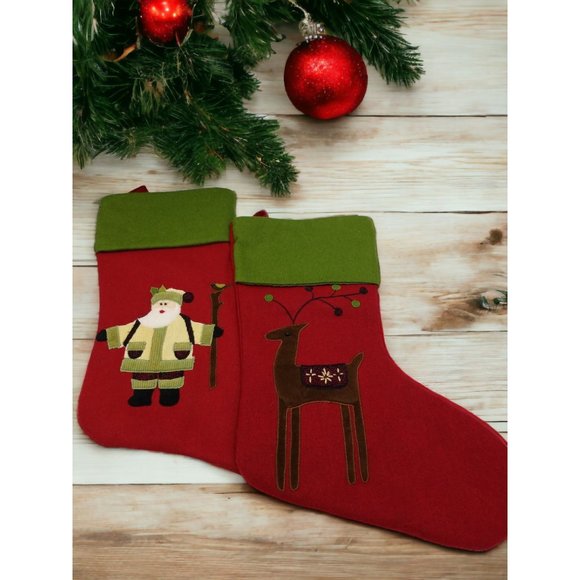 Santa and Reindeer Christmas Stockings Wool Rayon Red Green and White Preowne - Picture 1 of 14
